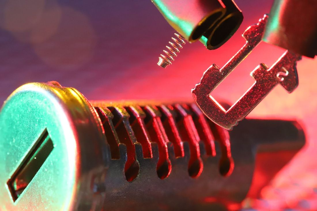 Close-up of a euro cylinder lock mechanism and key