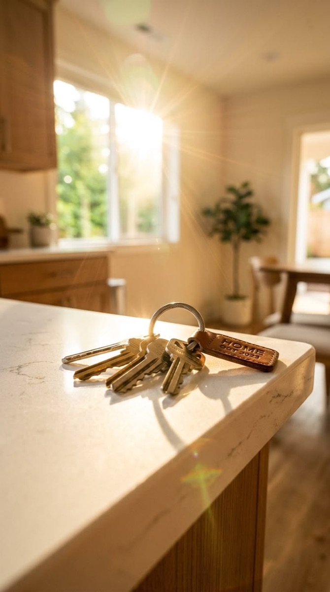 A set of house keys with a leather HOME keyring on a sunlit kitchen counter