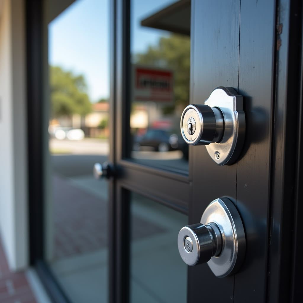 Cylinder locks on a glass-fronted commercial shop door