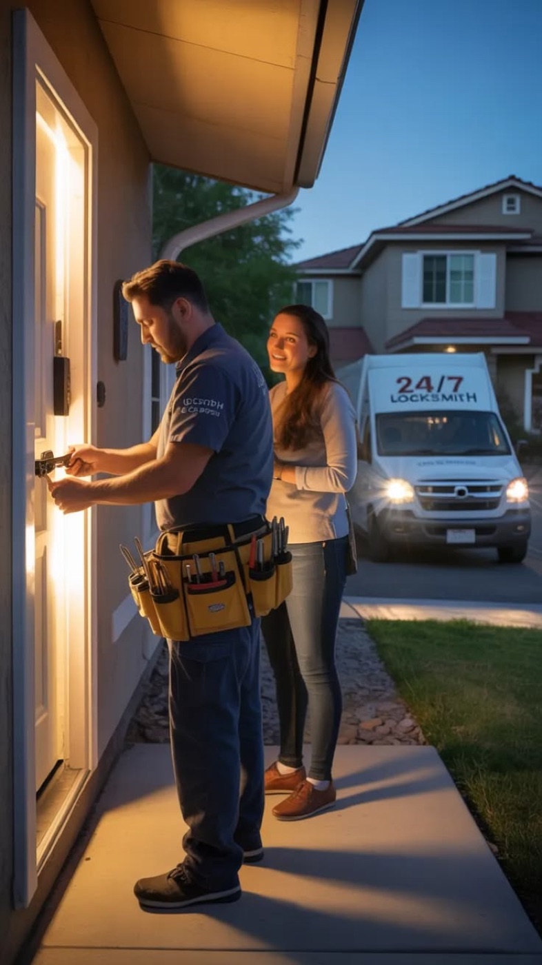 A Family Locksmith engineer opening a front door at dusk while a reassured customer waits, 24/7 locksmith van on the driveway