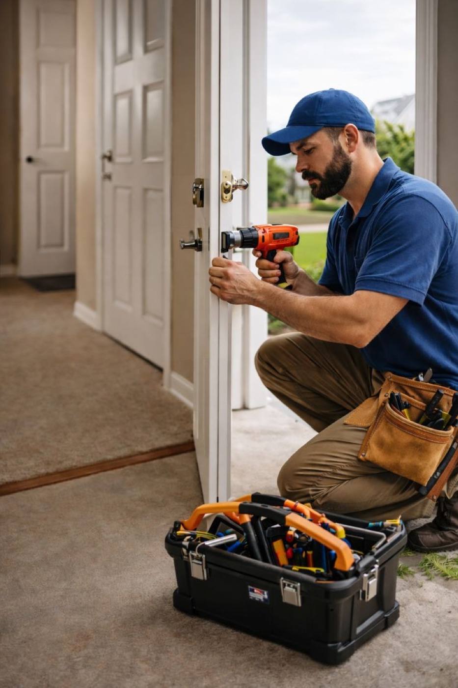 A locksmith fitting a new door lock with a cordless drill, tool kit on the floor
