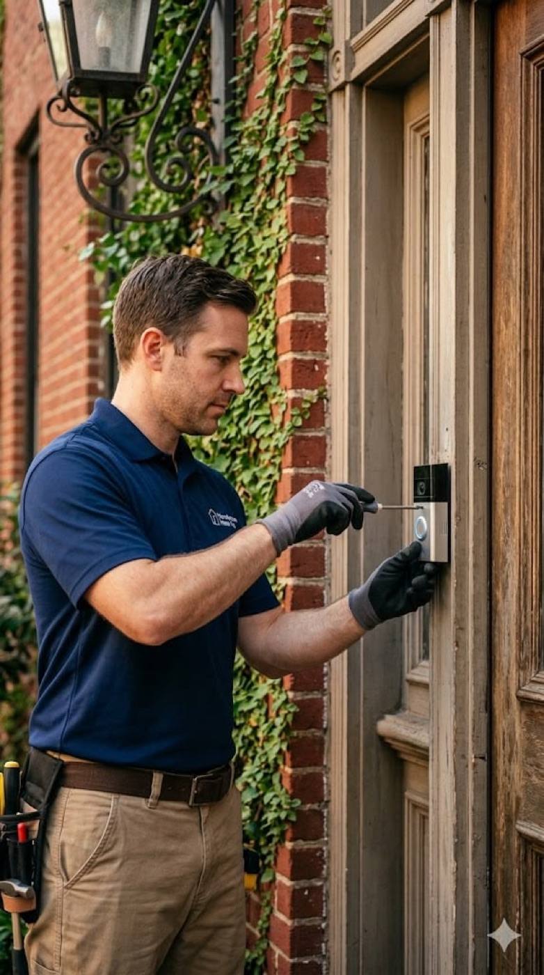 A locksmith fitting a smart video doorbell beside a home's front door
