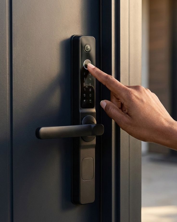 A finger pressing the keypad of a smart lock on a dark front door