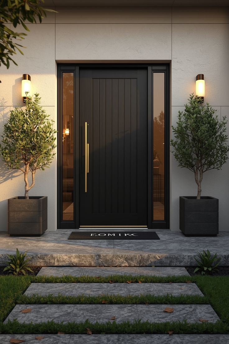 A modern composite front door with a full-length handle, lit at dusk
