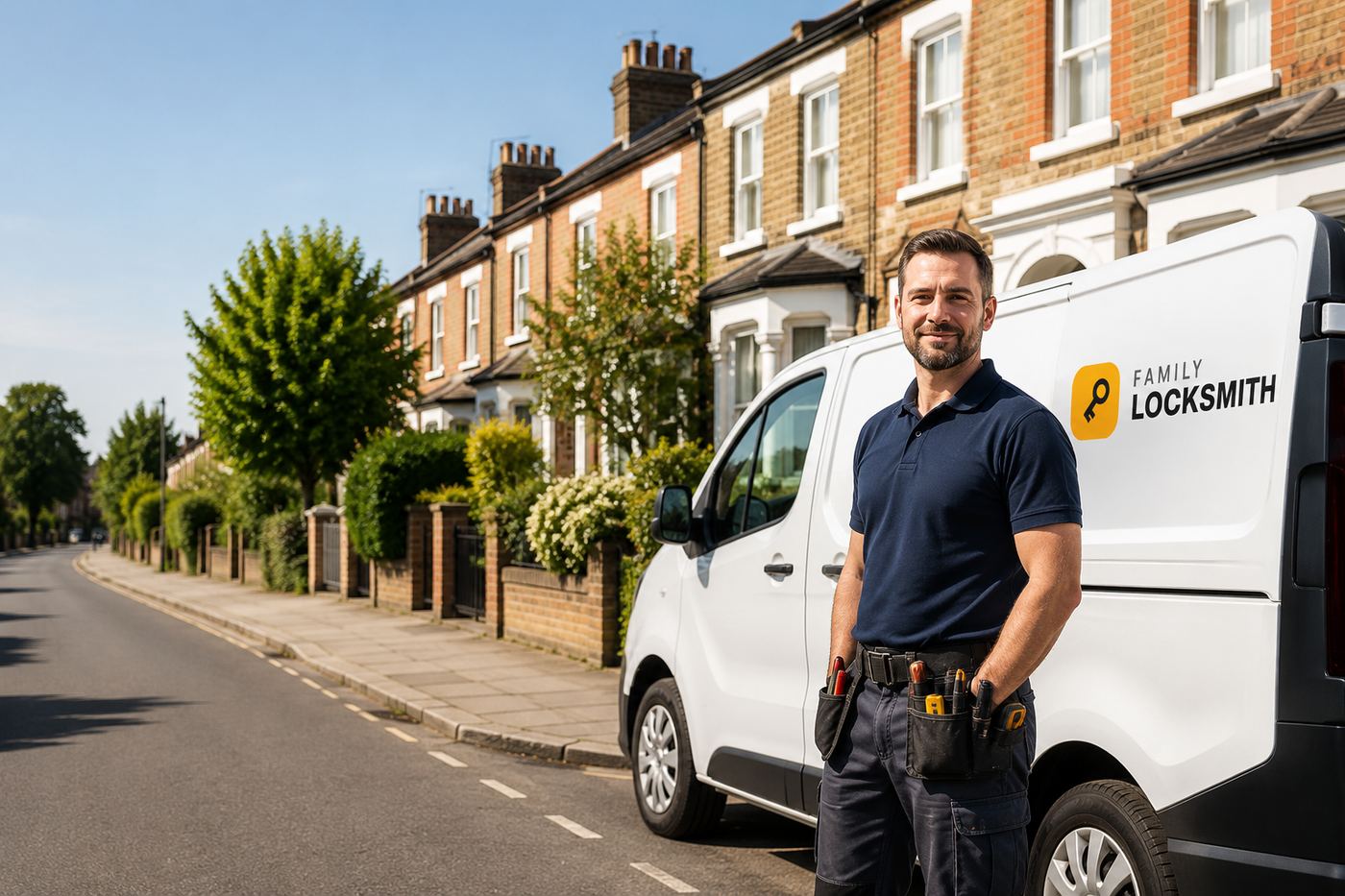 A Family Locksmith engineer beside a liveried van on a residential street